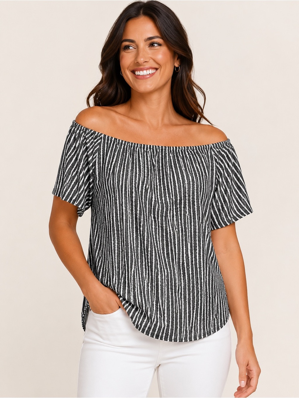 Clara Sun Woo Off Shoulder Striped Blouse Top Flowy Stretch Travel Knit Size XL